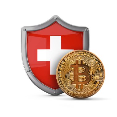 Bitcoin kripto para İsviçre bayrak kalkanı önünde. 3B Hazırlama