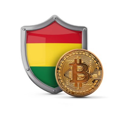 Bitcoin kripto para Bolivya bayrak kalkanı önünde. 3B Hazırlama