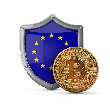 Bitcoin kripto para Avrupa Birliği bayrak kalkanı önünde. 3B Hazırlama