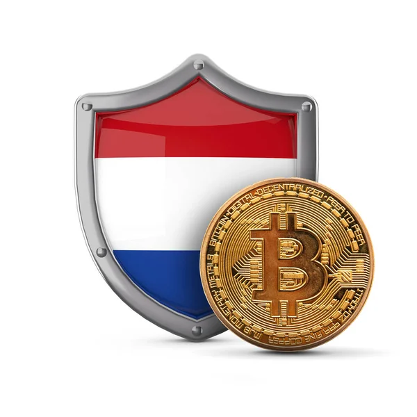 Bitcoin moeda criptomoeda na frente de um escudo bandeira holandesa. Renderização 3D — Fotografia de Stock