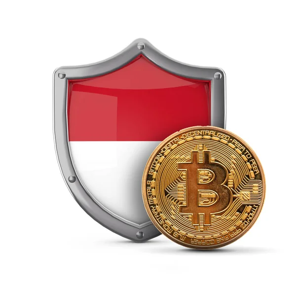 Bitcoin cryptogeld munt in de voorkant van een Indonesië vlag schild. 3D Render — Stockfoto