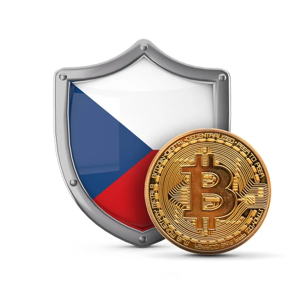 Bitcoin moeda criptomoeda na frente de um escudo bandeira República Checa. Renderização 3D — Fotografia de Stock
