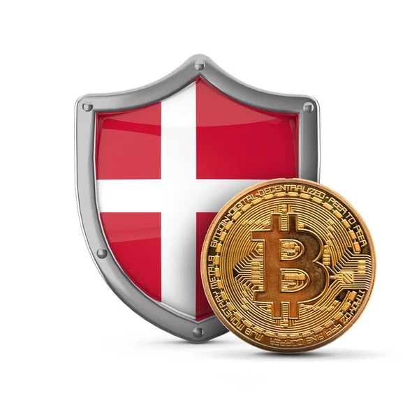 Bitcoin cryptocurrency coin in front of a Denmark flag shield. 3D Render — Stock Photo, Image