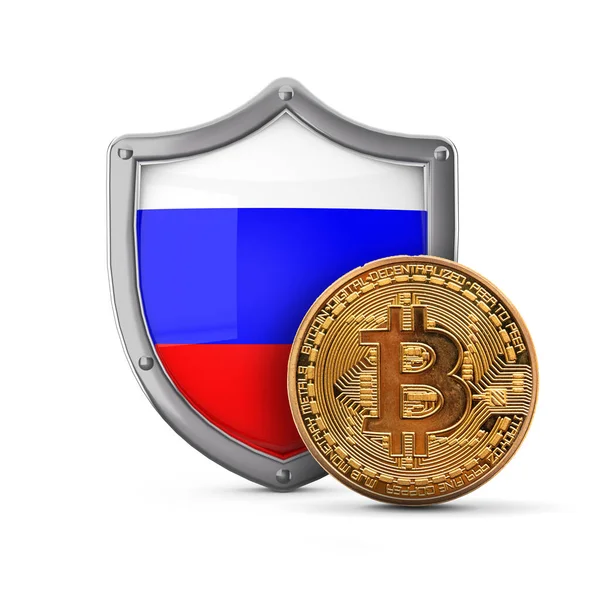 Bitcoin cryptocurrency coin in front of a Russia flag shield. 3D Render — Stock Photo, Image