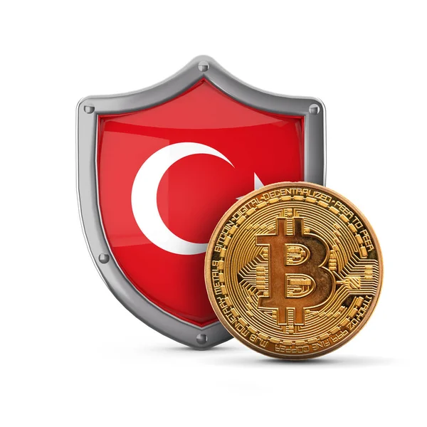 Bitcoin koin cryptocurrency di depan perisai bendera Turki. Perender 3D — Stok Foto