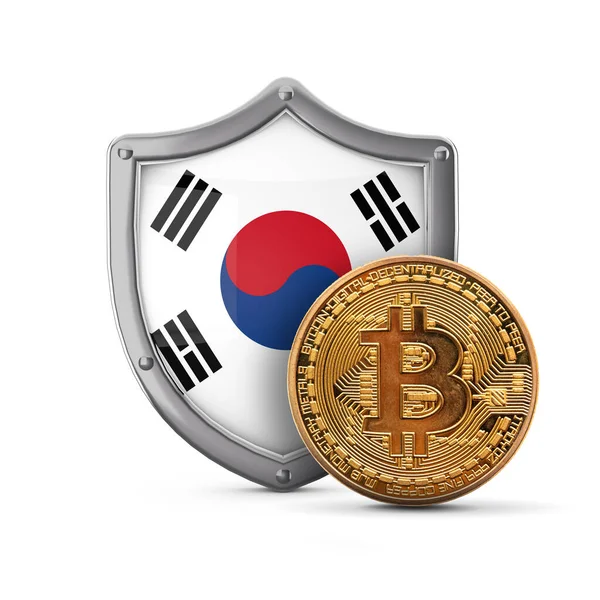 Bitcoin moeda criptomoeda na frente de um escudo bandeira da Coreia do Sul. Renderização 3D — Fotografia de Stock
