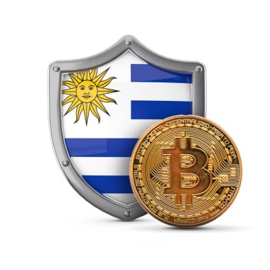 Uruguay bayrak kalkanı önünde Bitcoin şifreli para. 3B Hazırlama