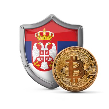 Bitcoin kripto para, Sırbistan bayrak kalkanı önünde. 3B Hazırlama