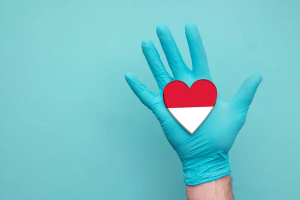 Indonesia cuore di salute medica. Infermiera mano tenendo bandiera del paese cuore — Foto Stock