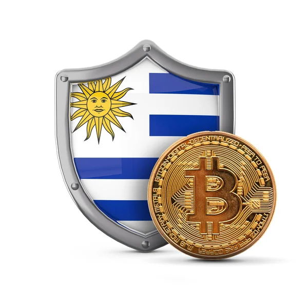 Bitcoin moeda criptomoeda na frente de um escudo bandeira do Uruguai. Renderização 3D — Fotografia de Stock