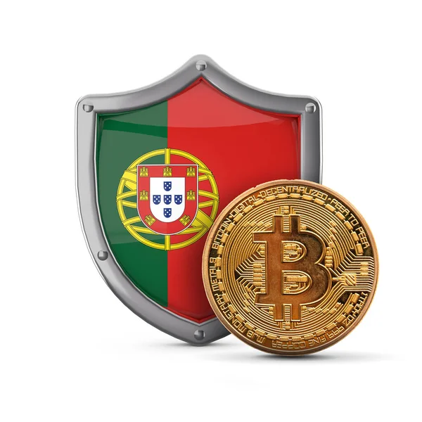 Bitcoinová kryptoměna před štítem portugalské vlajky. 3D vykreslení — Stock fotografie