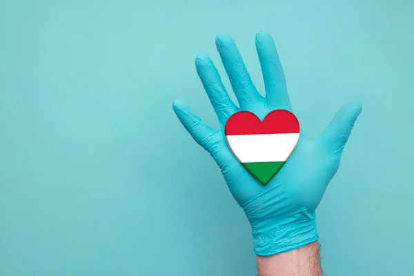 Kesehatan jantung Hungaria. Perawat tangan memegang bendera jantung negara — Stok Foto