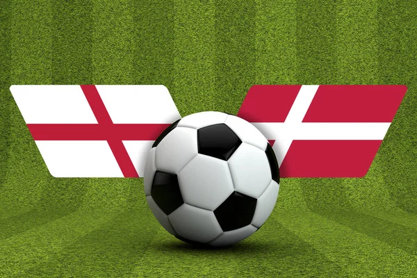 Fußballspiel England gegen Dänemark. Fahnen mit Fußball. 3D-Rendering — Stockfoto