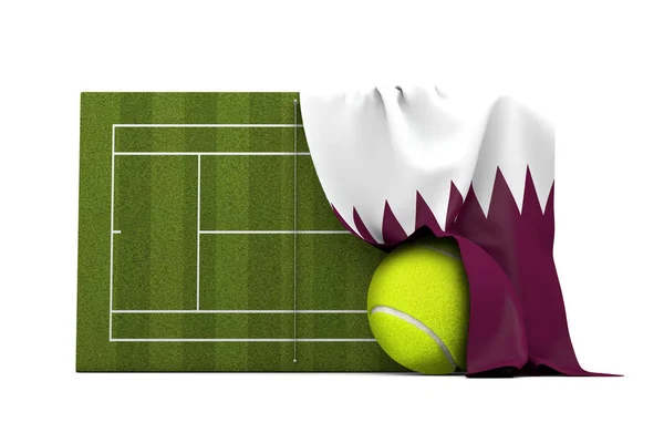 Drapeau du Qatar drapé sur un court de tennis en herbe et une balle. Rendu 3D — Photo