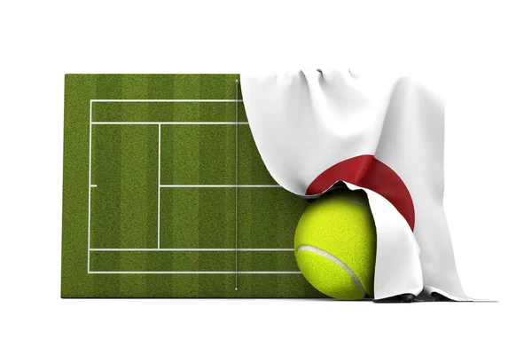 Bandera de Japón envuelta sobre una cancha de tenis de hierba y pelota. Renderizado 3D —  Fotos de Stock