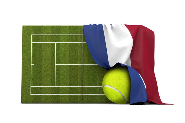 Holland-Flagge drapiert über einem Rasen-Tennisplatz und Ball. 3D-Rendering — Stockfoto