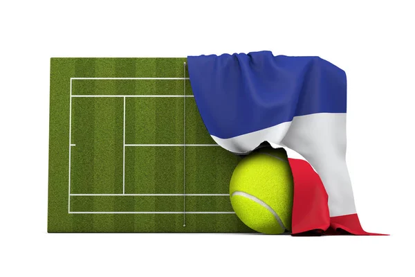 Bandera de Francia envuelta sobre una cancha de tenis de hierba y pelota. Renderizado 3D — Foto de Stock