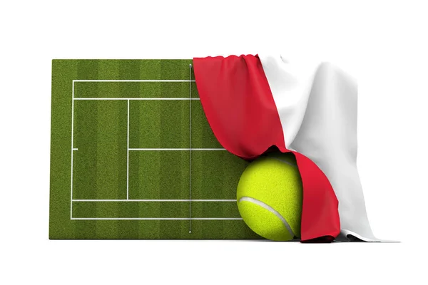 Drapeau de Pologne drapé sur un court de tennis en herbe et une balle. Rendu 3D — Photo