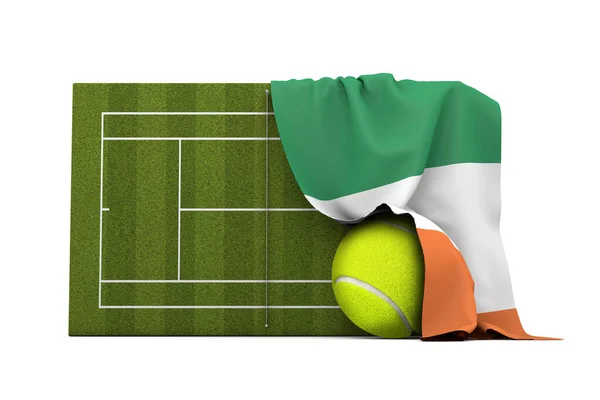 Flaga Irlandii nad kortem tenisowym i piłką. Renderowanie 3D — Zdjęcie stockowe