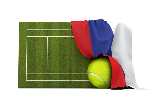 Прапор Росії на трав'яному тенісному корті і м'ячі. 3D Рендерінг — стокове фото