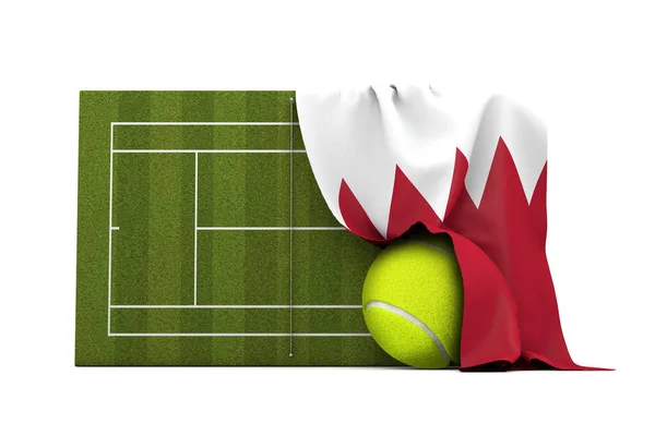 バーレーンの国旗は、芝生のテニスコートとボールの上に描かれた。3Dレンダリング — ストック写真