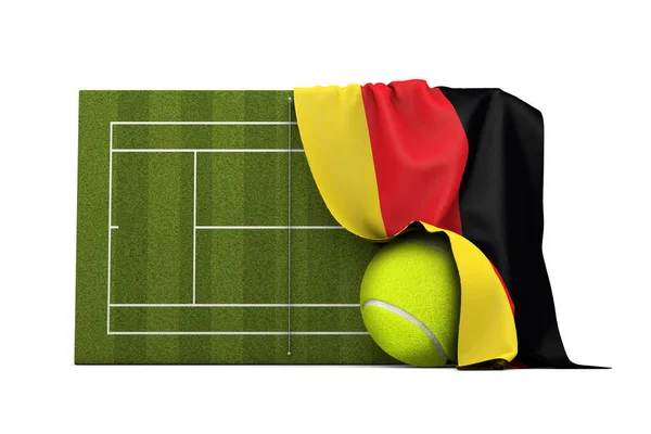A bandeira da Alemanha cobriu um campo de ténis e uma bola de relva. Renderização 3D — Fotografia de Stock