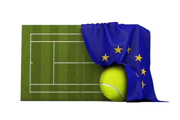 European Union flag draped over a grass tennis court and ball. 3D Rendering — Stock Photo, Image