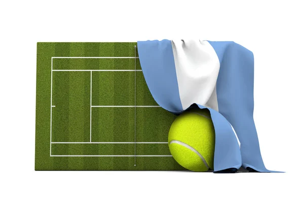Argentyńska flaga nad trawiastym kortem tenisowym i piłką. Renderowanie 3D — Zdjęcie stockowe