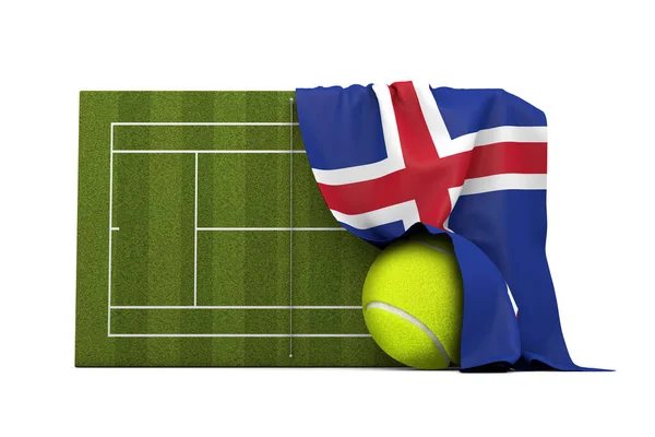 Island-Flagge drapiert über einem Rasen-Tennisplatz und Ball. 3D-Rendering — Stockfoto