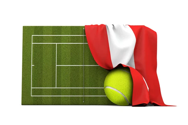 Austria flag draped over a grass tennis court and ball. 3D Rendering — Stock Photo, Image