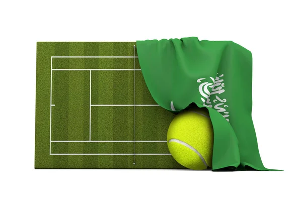 Flaga Arabii Saudyjskiej nad trawiastym kortem tenisowym i piłką. Renderowanie 3D — Zdjęcie stockowe