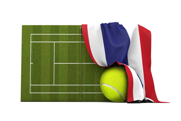 Bandiera Thailandia drappeggiato su un campo da tennis erba e palla. Rendering 3D — Foto Stock