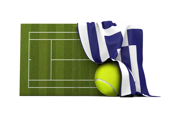 Flaga Grecji nad trawiastym kortem tenisowym i piłką. Renderowanie 3D — Zdjęcie stockowe