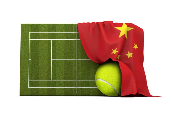 Drapeau de Chine drapé sur un court de tennis en herbe et une balle. Rendu 3D — Photo