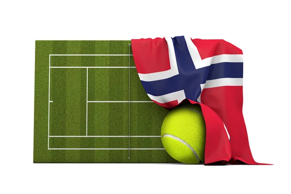 Norwegen-Fahne drapiert über einem Rasen-Tennisplatz und Ball. 3D-Rendering — Stockfoto