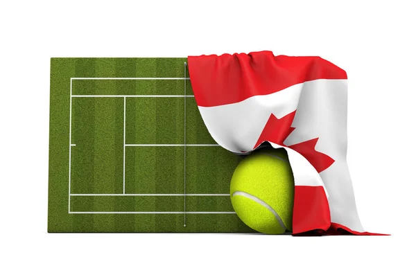 Canada vlag gedrapeerd over een gras tennisbaan en bal. 3D-weergave — Stockfoto