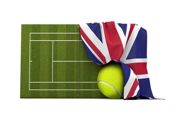 Bandera del Reino Unido envuelta sobre una cancha de tenis de hierba y pelota. Renderizado 3D —  Fotos de Stock