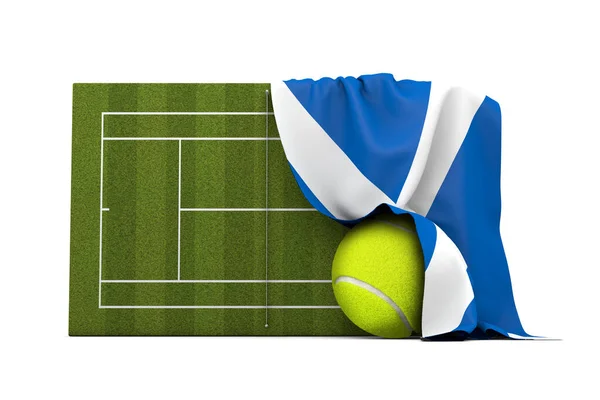 Scotland flag draped over a grass tennis court and ball. 3D Rendering — Stock Photo, Image