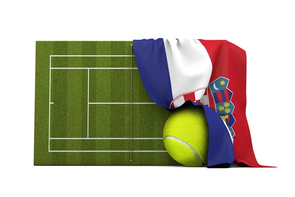 Drapeau de la Croatie drapé sur un court de tennis en herbe et balle. Rendu 3D — Photo