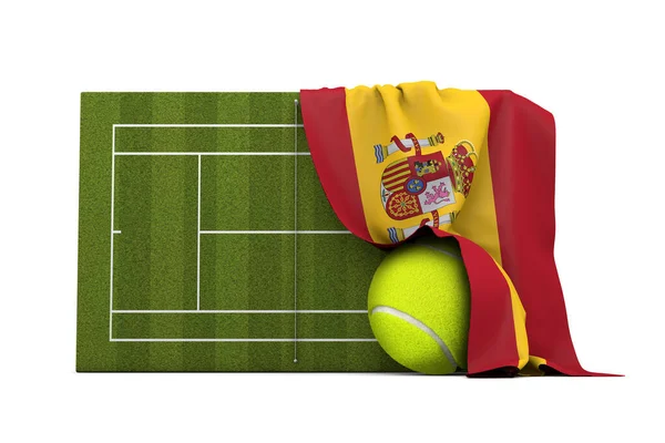 Drapeau d'Espagne drapé sur un court de tennis en herbe et une balle. Rendu 3D — Photo