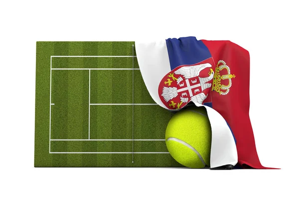 Serbia flag draped over a grass tennis court and ball. 3D Rendering — Stock Photo, Image