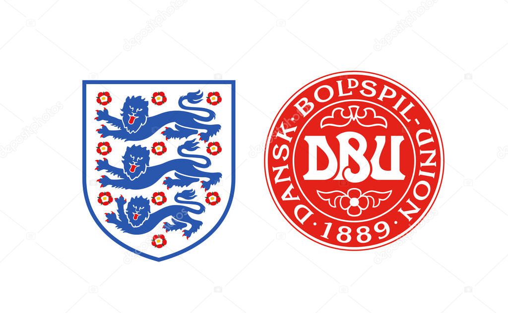 LONDON, UK - July 2021: England and Denmark national football team badges.