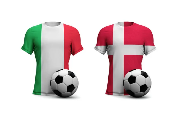 Dania kontra Włochy mecz piłki nożnej. Flagi narodowe z futbolem. Renderowanie 3D — Zdjęcie stockowe