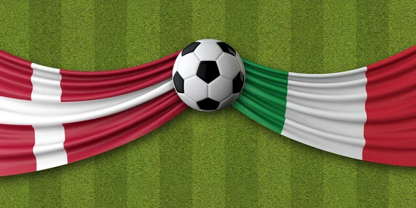 Denemarken vs Italië voetbalwedstrijd. Nationale vlaggen met voetbal. 3D-weergave — Stockfoto