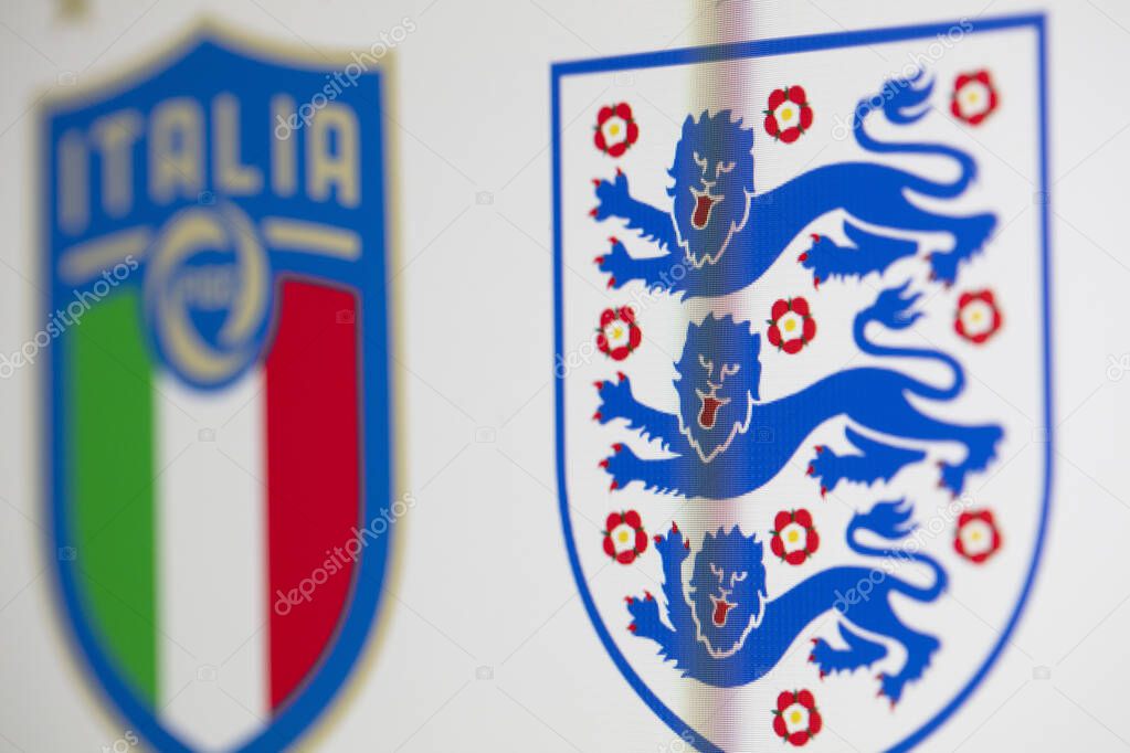 LONDON, UK - July 2021: England and Italy national football team badges.