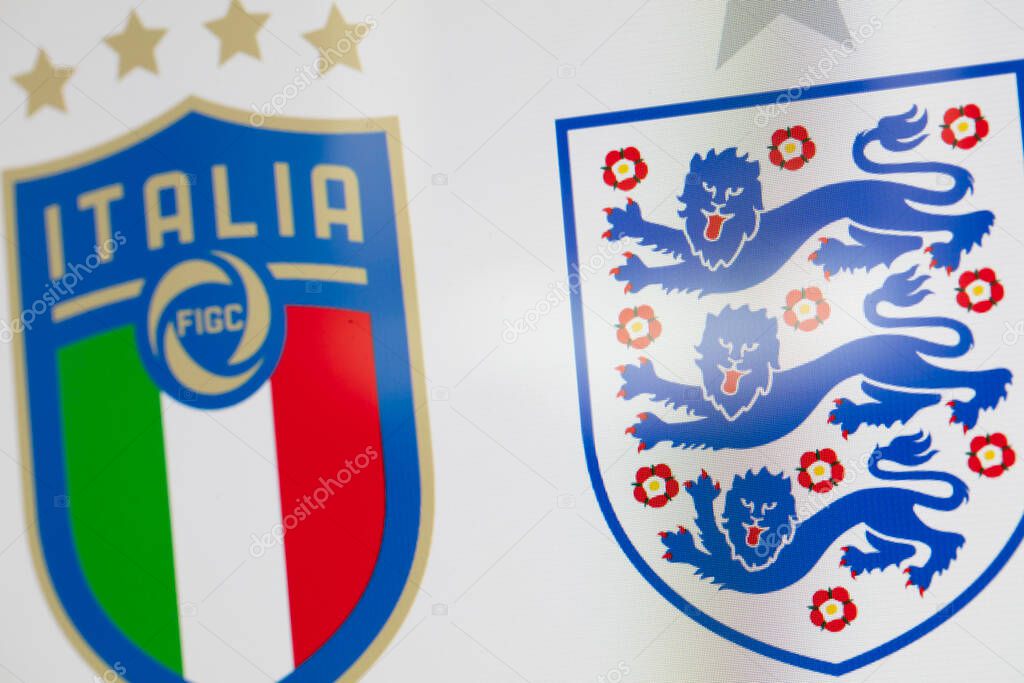LONDON, UK - July 2021: England and Italy national football team badges.