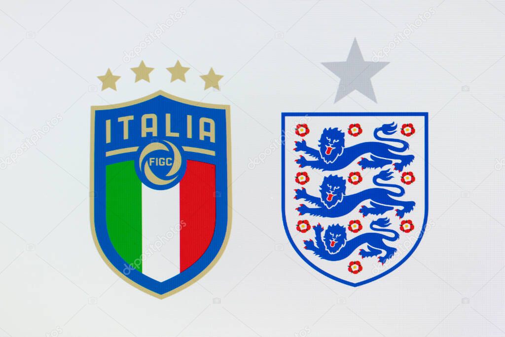 LONDON, UK - July 2021: England and Italy national football team badges.