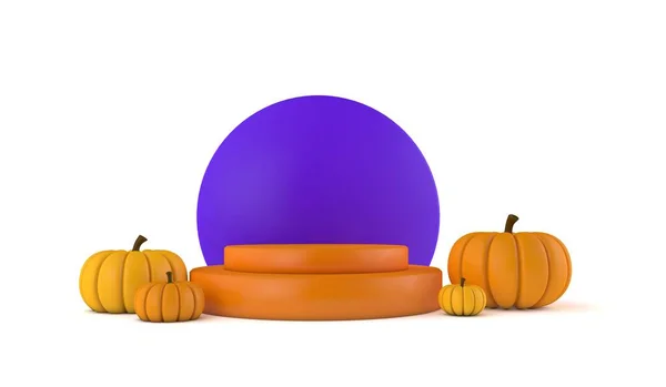 Minimale Produktstufe für Produkte mit orangefarbenen Kürbissen. 3D-Rendering — Stockfoto