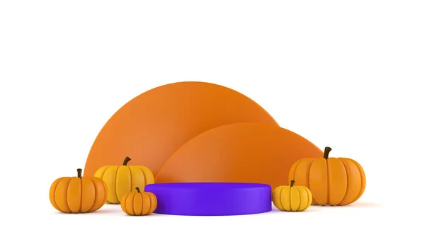 Halloween etapa mínima del producto para los productos con calabazas de naranja. Renderizado 3D — Foto de Stock