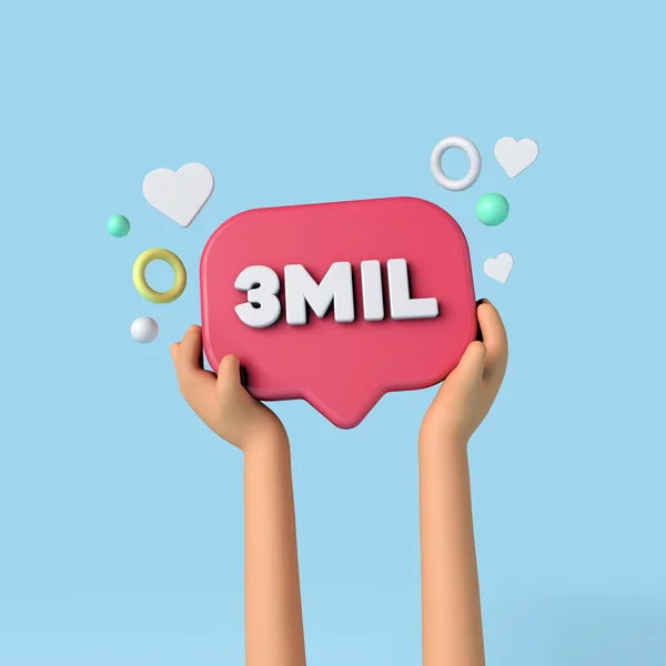 3 million social media subscribers sign held by an influencer. 3D Rendering. — Stock Photo, Image